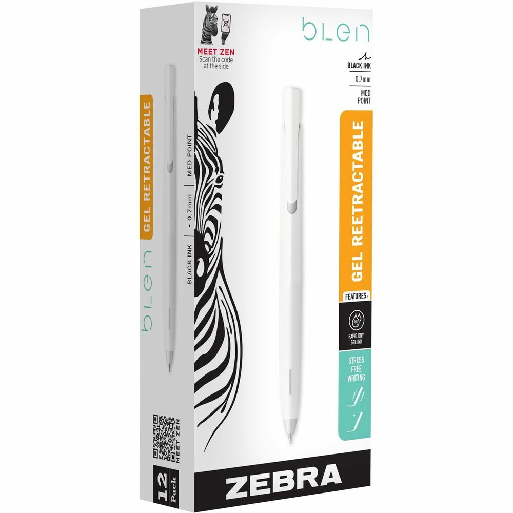 ZEB41400 - These bLen Retractable Gel Pens provide an innovative, vibration-free writing experience. Gap-free internal system reduces noise while a brass weight at the tip lowers the center of gravity, removing uncomfortable writing vibration and making pens more stable and easier to control. Slightly contoured barrel adds a sleek appearance and puts an end to stressful writing. Rubber grip allows comfortable writing. Medium point pens are retractable.Rebate: $15 Gift Card w $50 Zebra Pen Purchase View Rebate Details