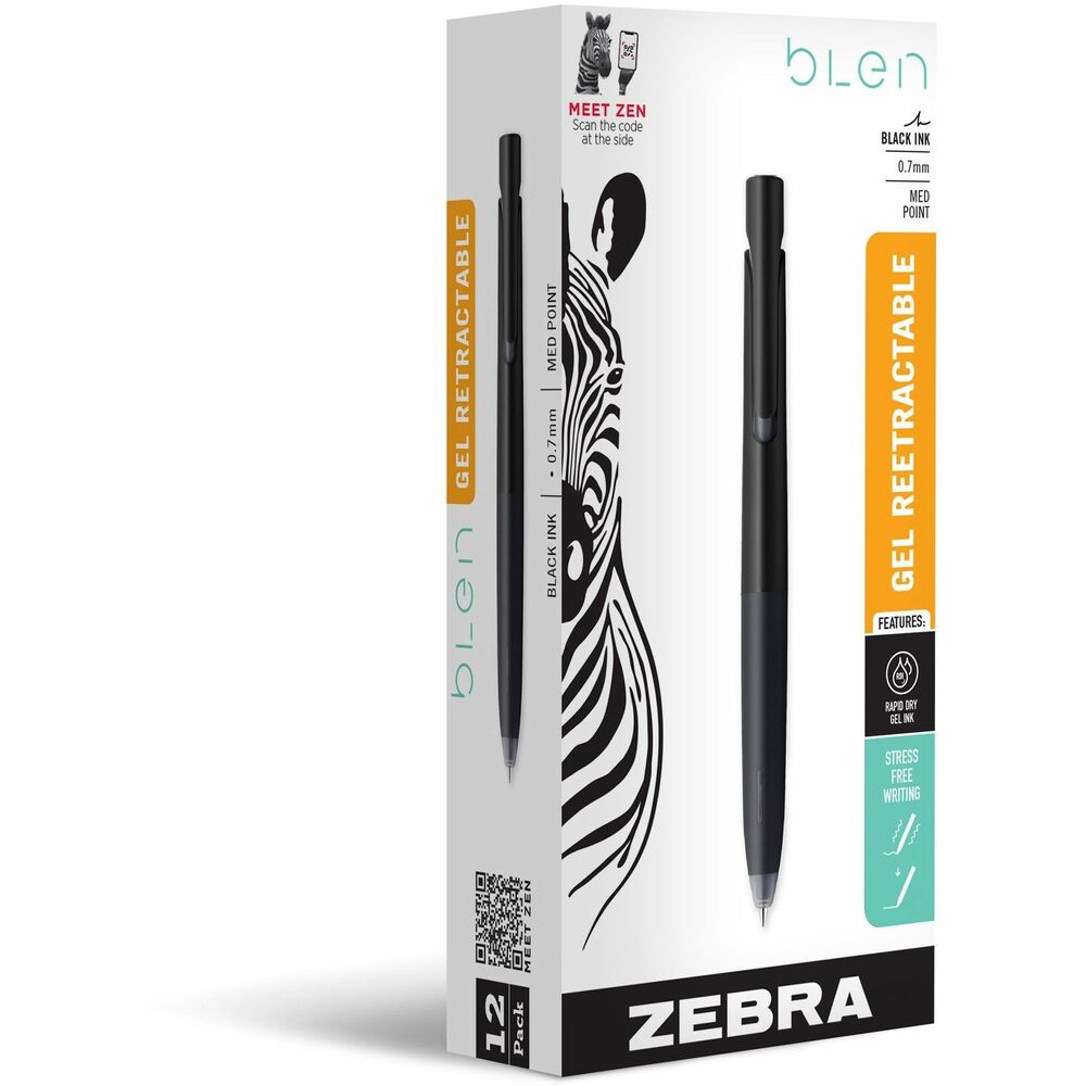ZEB41410 - These bLen Retractable Gel Pens provide an innovative, vibration-free writing experience. Gap-free internal system reduces noise while a brass weight at the tip lowers the center of gravity, removing uncomfortable writing vibration and making pens more stable and easier to control. Slightly contoured barrel adds a sleek appearance and puts an end to stressful writing. Rubber grip allows comfortable writing. Medium point pens are retractable.Rebate: $15 Gift Card w $50 Zebra Pen Purchase View Rebate Details