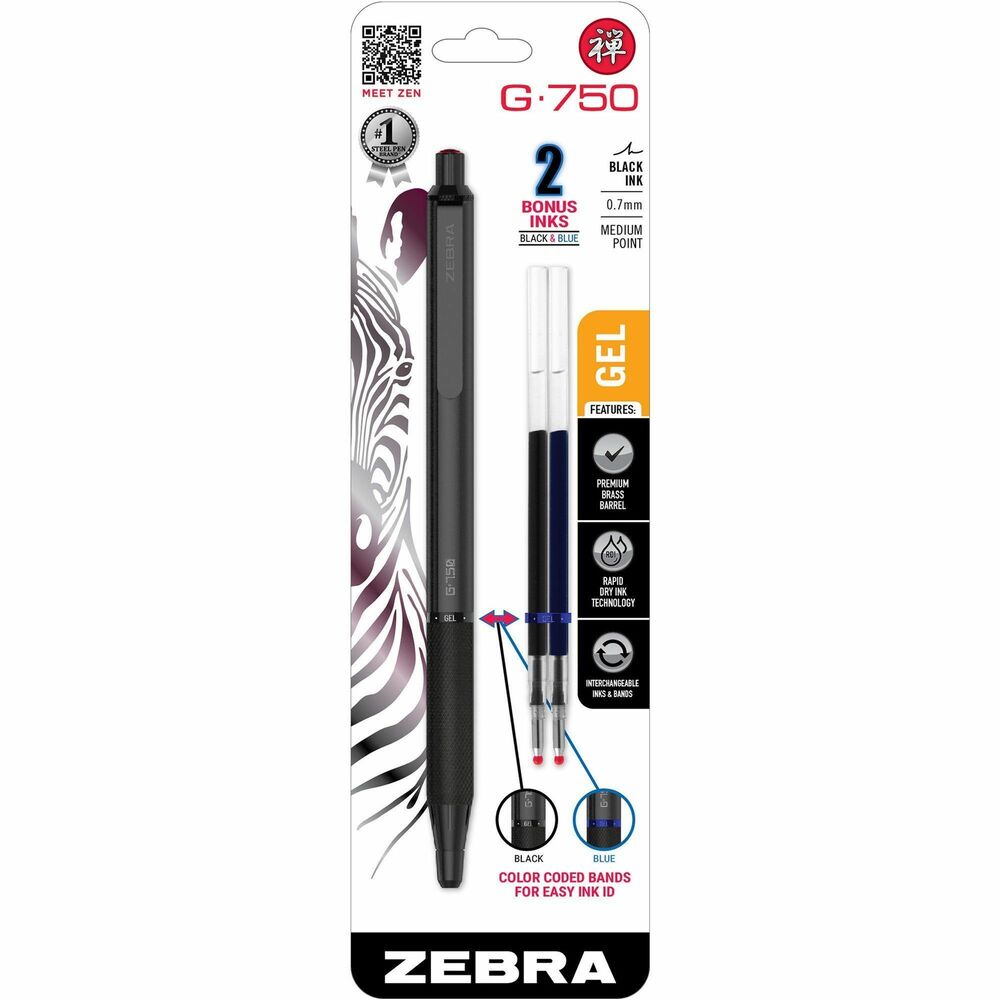 ZEB49811 - G-750 Retractable Gel Pen features a sleek, sophisticated, premium brass barrel and 0.7mm point. Rapid-dry ink technology allows you to write confidently without the headache of smears and smudges, making it ideal for left-handed writers. Pen includes two bonus ink refills (one blue and one black) and two color-coded bands for easy ink color identification.