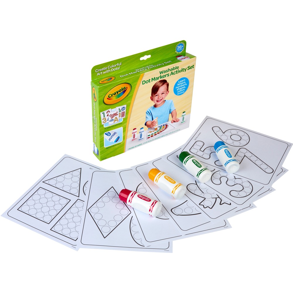 CYO811494 - Washable Dot Marker Activity Set lets children create and learn while they improve fine-motor skills. The simple practice of jotting colorful dots on engaging activity pages helps little artists recognize letters, numbers, shapes and more. Students naturally improve fine-motor skills while creating and learning through the included activities, using colorful dot markers to practice letters, numbers, colors and shapes. Stray marks from these washable, Crayola Markers are easily cleaned from skin, clothing and furniture. The set features four Washable Dot Markers (2.5 oz. each) and 30 Fun Activity Pages. Safe, nontoxic markers are recommended for ages 3 and up.