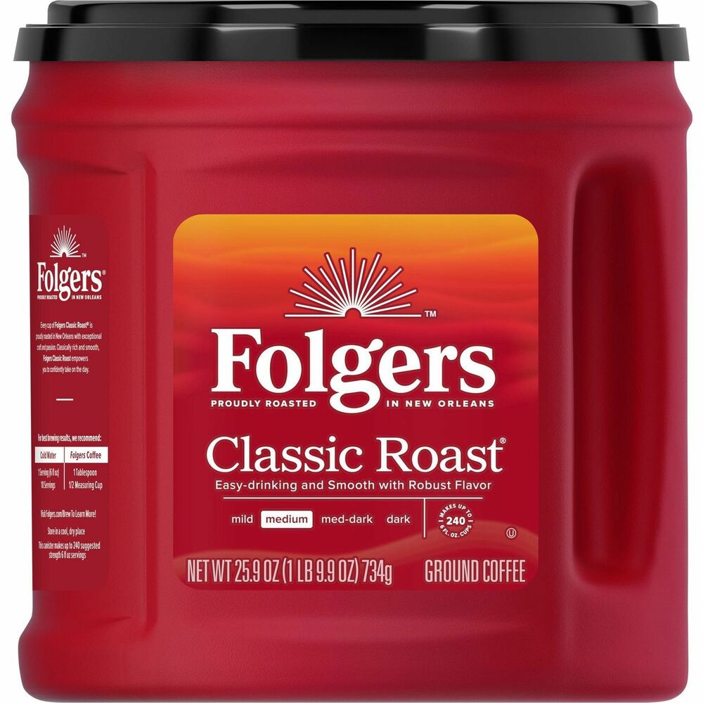 FOL30407 - Folgers Classic Roast ground coffee packs irresistible taste in every cup. From the very first sip of this rich medium-roast coffee, you're greeted by smooth, robust flavor. It's not just quality coffee you're tasting; it's the exceptional craft and passion behind every batch, proudly roasted in New Orleans by Folger's talented team. Ground coffee is ready to prep with any method you throw at it from French press to automatic drip. Enjoy it by the cup or share a pot with your crew, and discover why we call this roast a classic.