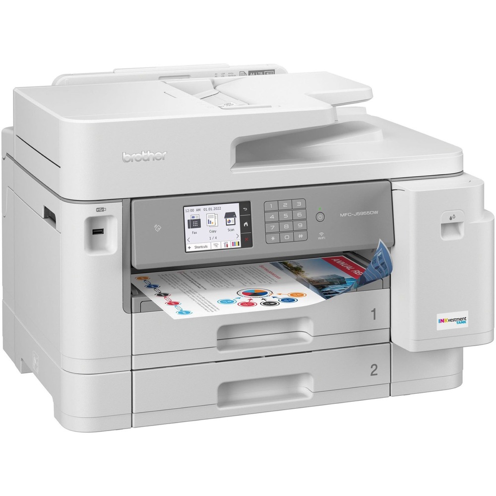 BRTMFCJ5955DW - Business Color Inkjet All-in-One Printer offers efficient performance and reliable, high-quality output that is ideal for corporate home offices and small offices. Print, scan, copy and fax using this convenient printer. It features an automatic document feeder, dual 250-sheet input trays and a 3-1/2" color touch screen. Brother Maxidrive Inkjet Technology offers fast printing speeds up to 30 ppm in black or color. Maximum print resolution is 4800 x 1200 dpi for bright, vivid text or images. Print up to 11" x 17" , ledger-size documents. Copy documents using duplex copying in black or color. Maximum copy speed in black is 25 ppm and 16 ppm in color. Advanced scanning features include duplex scanning, continuous scanning, scanning preview and "scan to" features. Fax memory stores up to 150 pages. Fax in black or in color with duplex faxing. Connect using Ethernet or dual-band wireless. Printer includes starter ink cartridges. More from the Manufacturer
