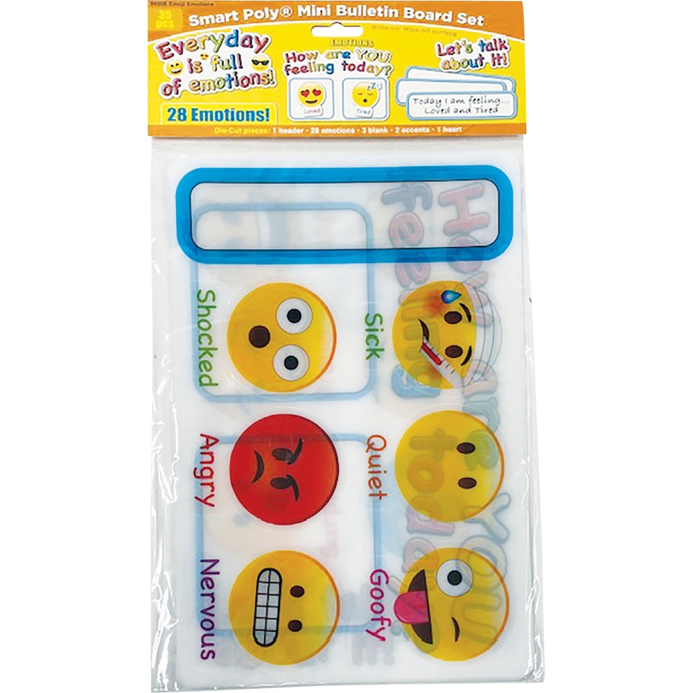 ASH96006 - Smart Poly Emotions Icon Mini Bulletin Board Set helps children learn how to answer the question, "How Are You Feeling Today". This 35-piece set includes emoting pictograms that show a range of emotions and label each below the emoting face. Write-on/wipe-off surface lets you write directly on the surfaces and quickly wipes clean. No lamination is needed. Great for reusable learning, this heavy-duty poly material is designed to be long-lasting, easy to clean, waterproof and durable for many years. Use with dry-erase or water-based markers and washable crayons for interactive play and educational development.