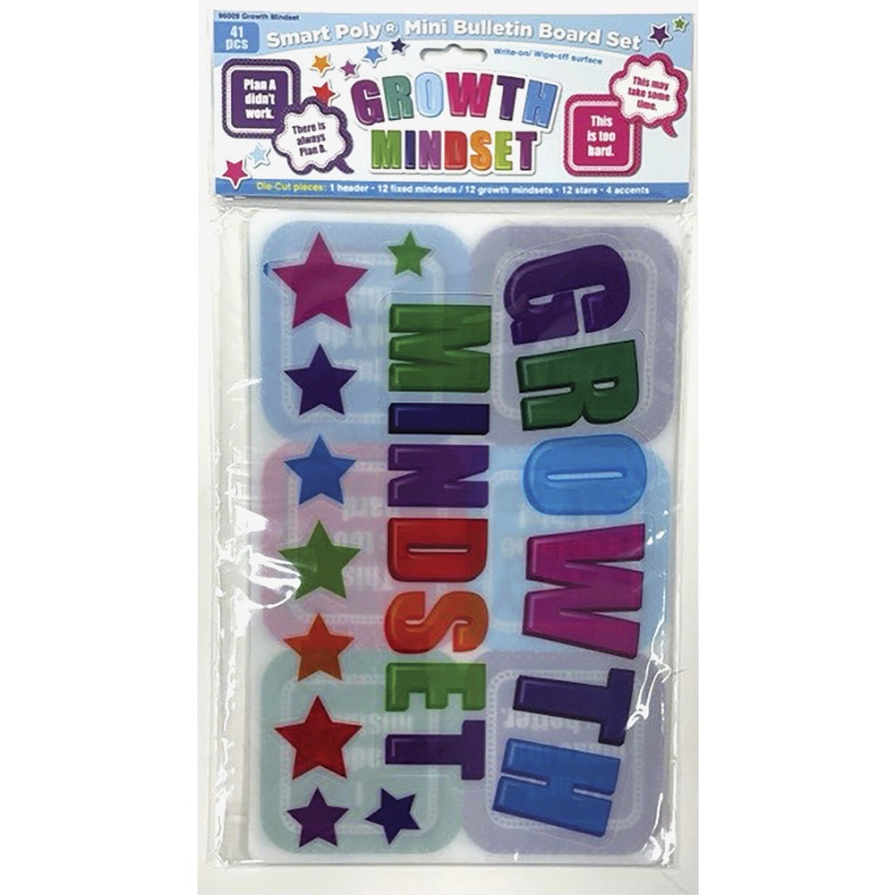 ASH96009 - Smart Poly Growth Mindset Mini Bulletin Board Set encourages children to overcome their challenges by adjusting their approach. Write-on/wipe-off surface lets you write directly on the board and quickly wipes clean for your next idea. No lamination is needed. Great for reusable learning, this heavy-duty poly material is designed to be long-lasting, easy to clean, waterproof and durable for many years. Use with dry-erase or water-based markers and washable crayons for interactive play and educational development. Each colorful set includes 41 pieces that acknowledge how overwhelming they feel and reframe their defeatist attitude like answering "I give up!" with "I'll use another strategy." Use with coordinating, Ashley Donutfetti, Confetti and Health Bubbles products.