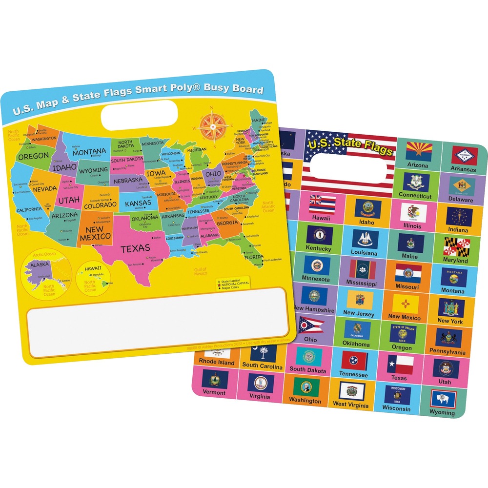 ASH98008 - U.S. Map/State Flags Smart Poly Busy Board helps children learn to write their states, state capitals and state flags. Perfect for reusable learning anywhere, the write-on/wipe-off surface lets you write directly on the board and quickly wipes clean for your next session. Use with dry-erase or water-based markers and washable crayons. No lamination is needed. Heavy-duty cardboard coated with poly material is designed to be long-lasting, easy to clean and water-resistant for many years. Carry easily with the die-cut handle. Durable board includes a black, dry-erase marker (fine point).