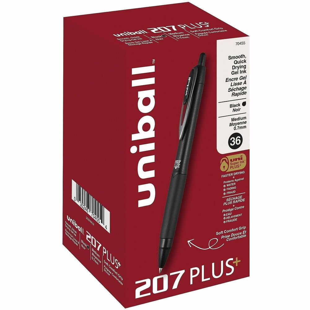 UBC70455 - Take your writing to new heights with 207 Plus Retractable Gel Pens that feature a medium point (0.7mm). Stainless steel tip resists bending and breaking. Advanced, nano-fiber, gel ink produces an enhanced writing experience with exceptional smoothness, drying speed and line intensity to communicate brilliantly. Superior ink resists smudging and smearing, making these pens ideal for everyday writing tasks, note-taking and document-signing. Innovative, uni Super Ink Plus entraps ink into the paper to produce fraud-resistant, fade-resistant and water-resistant documents that prevent check washing or bleaching. 0.7mm point creates rich, clean lines even on glossy paper. Rubber grip provides an ergonomic hold to complete long writing projects with better comfort and precise control. Translucent window indicates the level of ink remaining to avoid unexpectedly running out. Sleek profile elevates your style with modern, metal accents and a designer metallic barrel.