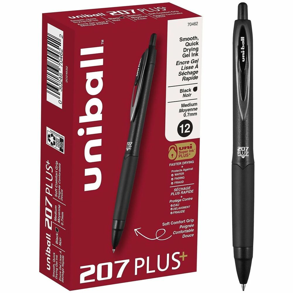 UBC70462 - Take your writing to new heights with the new 207 Plus+ Retractable Gel Pens from uni-ball featuring a 0.7mm medium point that products rich, clean lines. Advanced gel ink produces an enhanced writing experience with exceptional smoothness, drying speed and line intensity, ensuring that every word stands out. Superior gel ink resists smudging and smearing, making these retractable gel pens ideal for everyday writing tasks, jotting down notes and signing all of your important documents. Medium point pens feature uni Super Ink PLUS+, entrapping the gel ink into the paper, producing fraud, fade and water-resistant documents that resist check washing or bleaching. Seamless rubber grip provides a comfortable hold that helps you complete long writing projects with precise control. Refine your style with the sophisticated profile of uni-ball's 207 Plus+.