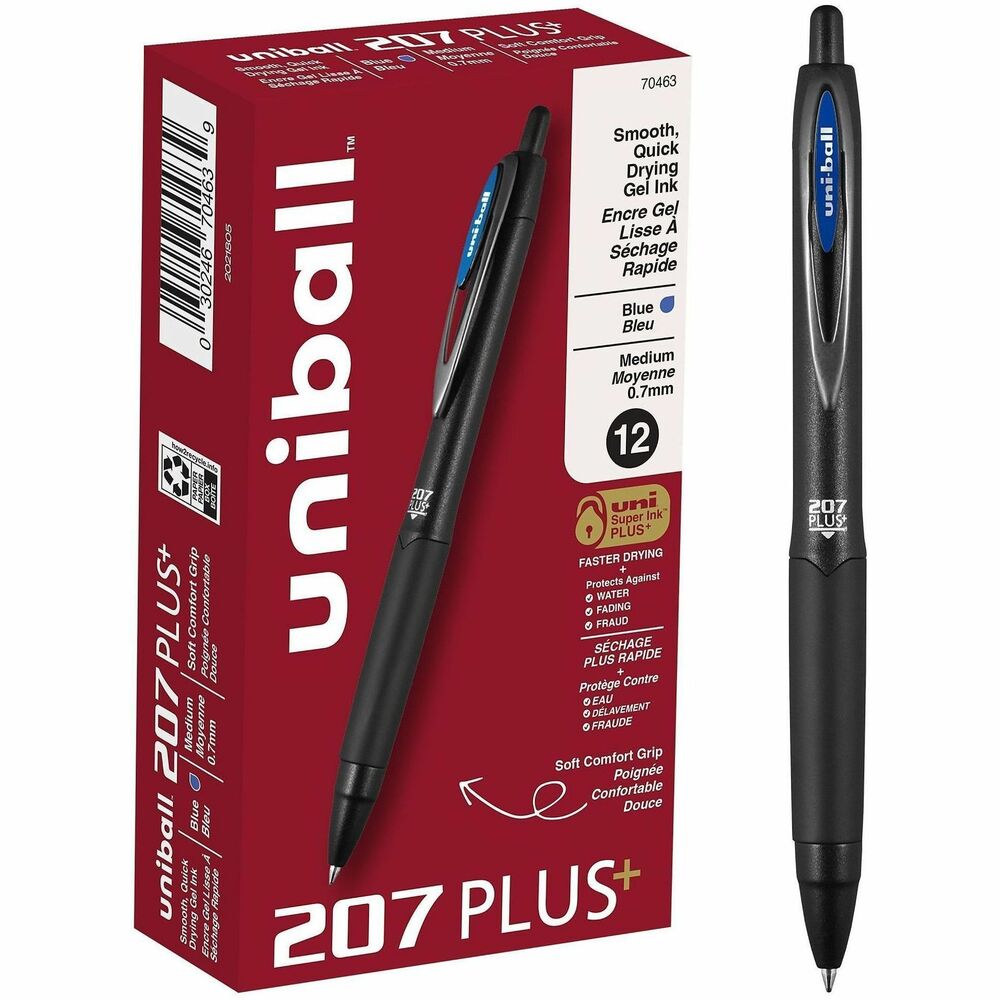 UBC70463 - Take your writing to new heights with the new 207 Plus+ Retractable Gel Pens from uni-ball featuring a 0.7mm medium point that products rich, clean lines. Advanced gel ink produces an enhanced writing experience with exceptional smoothness, drying speed and line intensity, ensuring that every word stands out. Superior gel ink resists smudging and smearing, making these retractable gel pens ideal for everyday writing tasks, jotting down notes and signing all of your important documents. Medium point pens feature uni Super Ink PLUS+, entrapping the gel ink into the paper, producing fraud, fade and water-resistant documents that resist check washing or bleaching. Seamless rubber grip provides a comfortable hold that helps you complete long writing projects with precise control. Refine your style with the sophisticated profile of uni-ball's 207 Plus+.