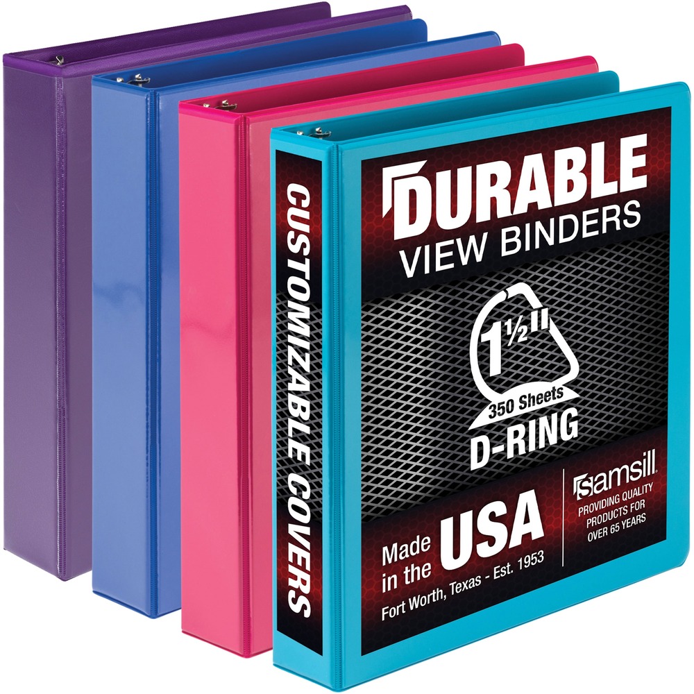 SAMMP46459 - Durable, three-ring View Binder is ideal for daily use at your home, school or office. Binder is made with polypropylene and chipboard and features a clear overlay with a nonglare finish. PVC-free, nonstick material won't transfer ink or lift copy from materials inserted into the cover or placed inside the binder. Lid-mounted, D-shaped rings create a rivetless spine for a professional look that impresses during presentations. The 1-1/2" binder holds up to 350 sheets and keeps all your documents in one, convenient place for easy organization.