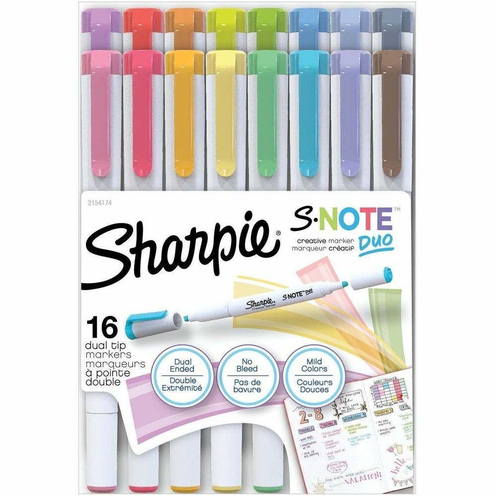 SAN2154174 - Ignite your imagination with these S-Note Duo Dual-Tip Markers. They're both an art marker and a highlighter, adding a splash of color to note-taking, underlining, highlighting, drawing and more. One end is a fine bullet tip while the other is a versatile chisel tip, letting you switch between fine lines and broad strokes. No-bleed ink keeps your work looking clean yet creative. Markers come in a stand-up easel so you can quickly spot and switch between colors. More from the Manufacturer