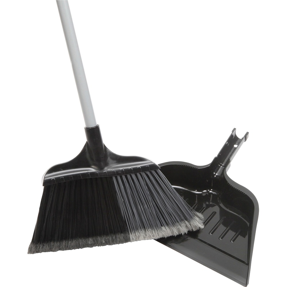 NSN6994055 - Sweep up dirt and dust indoors and out using the Extra-Wide Angled Broom with Dustpan. The 15" sweeping path covers more surface area for quicker, easier cleaning Its 46" long steel handle minimizes strain when sweeping large areas. Plastic grip prevents your hand from slipping. Precision-cut angled bristles made of heavy-duty fibers reach into corners and under tight spaces. Included dustpan snaps on to broom handle for storage.