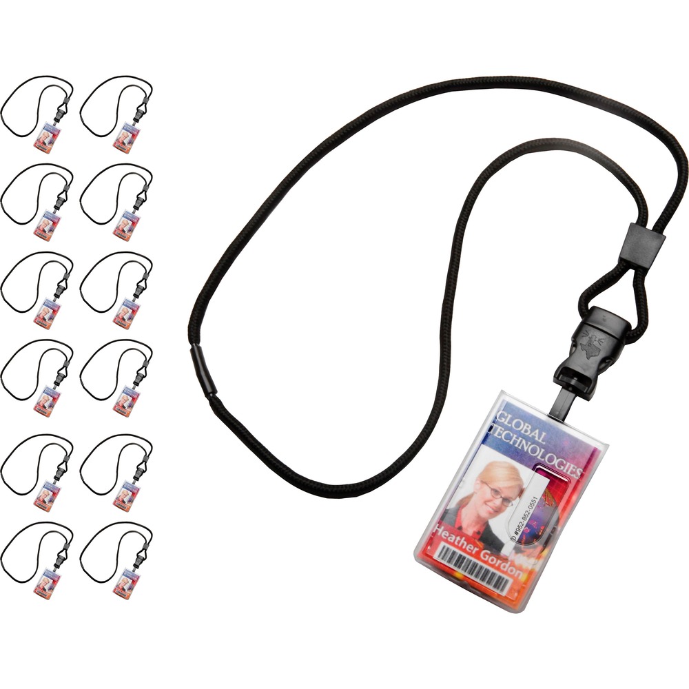 NSN6988431 - Dual Card Holder securely holds and protects two standard-size badges. Easily access IDs, credit cards or smart cards through the open slot at the top for a vertical view of your badge holder. Rigid plastic prevents your cards from bends and damages. Frosted material keeps your important cards visible and easily scannable. Lanyard (included) comes with a J-hook to keep your holder safely attached throughout your day. Cord adjuster creates a customizable, comfortable fit for all-day wear. Simply use release buckles to detach items from the lanyard. Safety breakaway prevents harm or damage by simply releasing from around your neck when it is pulled.