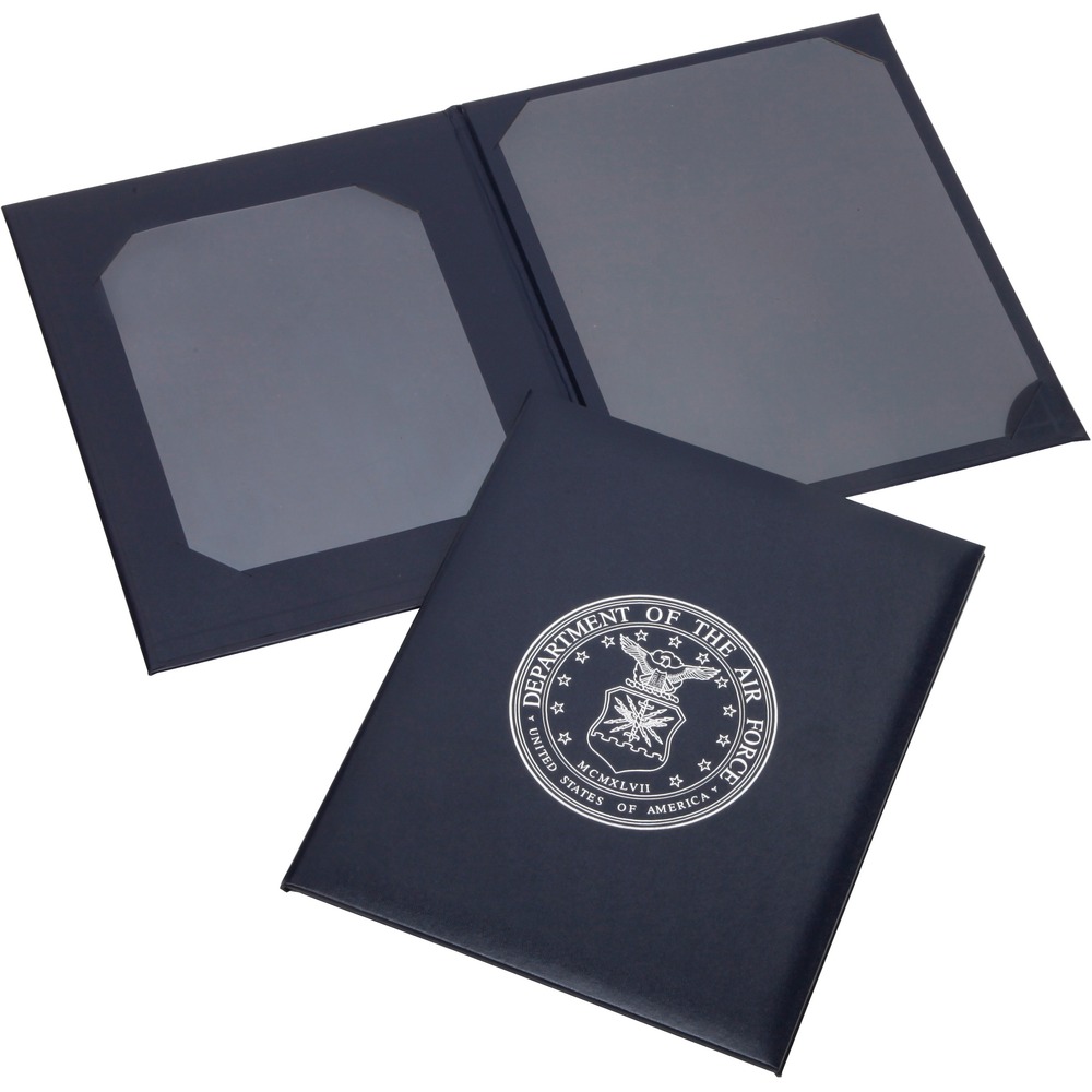 NSN1348179 - Show appreciation for members' service by presenting the Retirement Certificate Binder with the silver USAF deal embossed and centered on the front cover. Inside corners prevent bends and damages, keeping certificates crisp and crease-free. Protective transparent sheets enhance the award's longevity. One side holds an 8-1/2" x 11" certificate while the other side holds a 11" x 14" certificate.