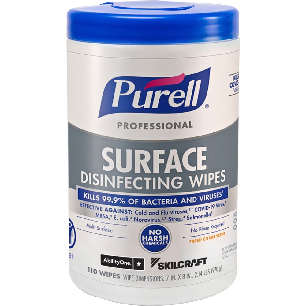 NSN6997555 - Keep guests and employees safe with PURELL Professional Surface Disinfecting Wipes that are proven to kill COVID-19 in just 30 seconds and rated 99.9 percent effective against colds, flu, E. coli, strep and other common viruses and bacteria. With the lowest EPA toxicity profile and no harsh fumes, this no-rinse formula with light citrus scent provides fast, effective cleaning of skin and food-contact surfaces. Pre-moistened wipes offer one-step cleaning disinfecting and sanitizing. They don't leave dull or sticky residue behind. Alcohol-based wipes avoid harsh chemicals so you don't have to wear gloves or PPE. Thick, durable wipe is safe to use on almost any common surface.