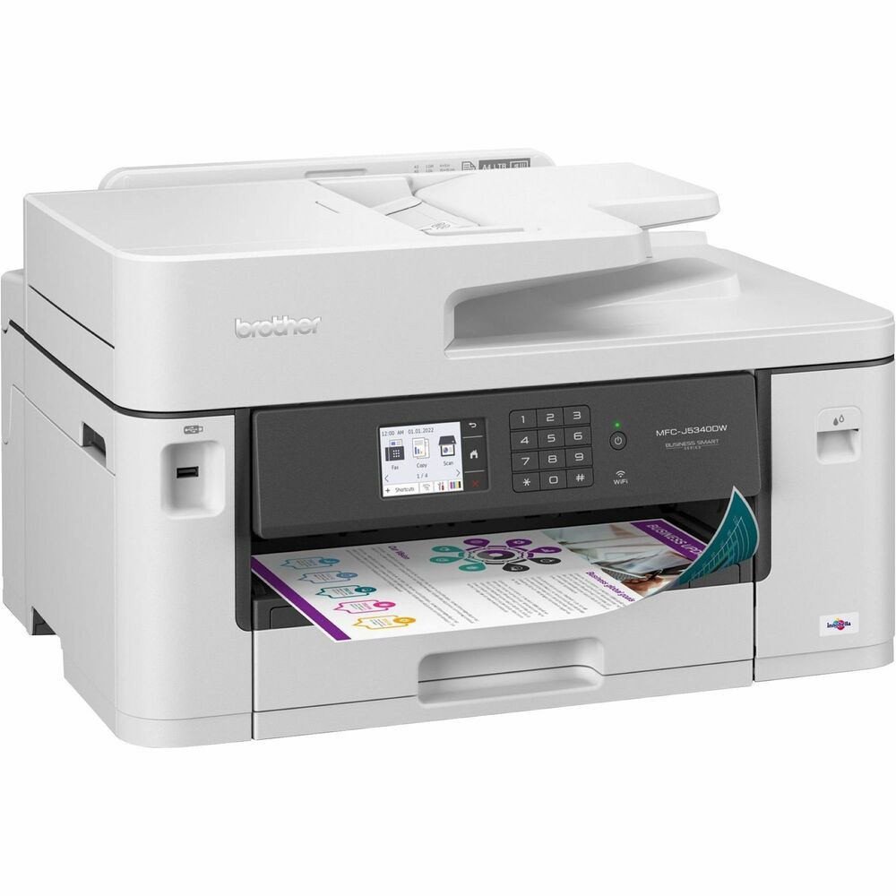 BRTMFCJ5340DW - Business All-in-One Color Inkjet Printer delivers economical, reliable and professional-quality printing for any small office or home work space. Print, copy, scan and fax features raise the bar on simplicity and productivity. With print speeds up to 28 ppm and a 250-sheet input tray, this printer makes handling large print jobs a breeze. Print up to 11" x 17" (ledger-size) documents or use the single-sheet bypass tray for envelopes, cardstock and specialty paper. Printer features a 50-sheet automatic document feeder (ADF) and duplex printing capabilities. Scanning capabilities include continuous scan, auto deskew, and more. Fax memory stores up to 150 pages. Use the 2.7" color touch screen to easily navigate options. Wirelessly connect and select options directly from your phone when you connect to the Brother Mobile Connect app. Triple-layer security helps securely connect to your network, safeguarding sensitive documents. More from the Manufacturer