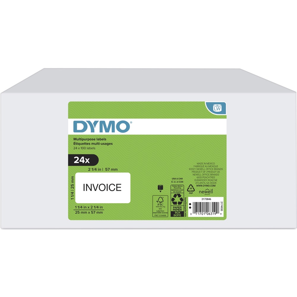 DYM2173846 - Whether it's for mailing, shipping or labeling, these Multi-Purpose Labels will have you quickly printing from your Dymo LabelWriter labelmaker. Using a direct thermal printing process, you avoid the hassle of expensive ink or toner. Print one multipurpose label on the roll or hundreds with ease - no more messy sheets, waste or sheet label jams. Self-adhesive labels are compatible with Dymo LabelWriter 5XL, 550, 550 Turbo, 4XL, 450 Wireless, 450 Duo, 450 Turbo, 450 Twin Turbo and Desktop Mailing Solution. They are also FSC Certified and BPA-free.Rebate: $25 Visa Card w $75 DYMO Purchase View Rebate Details