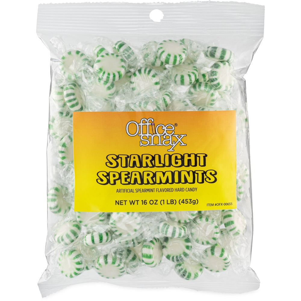 OFX00655 - Starlight Spearmints provide a breath-freshening treat. They are ideal for reception, breakroom or desktop. Hard candy is individually wrapped.