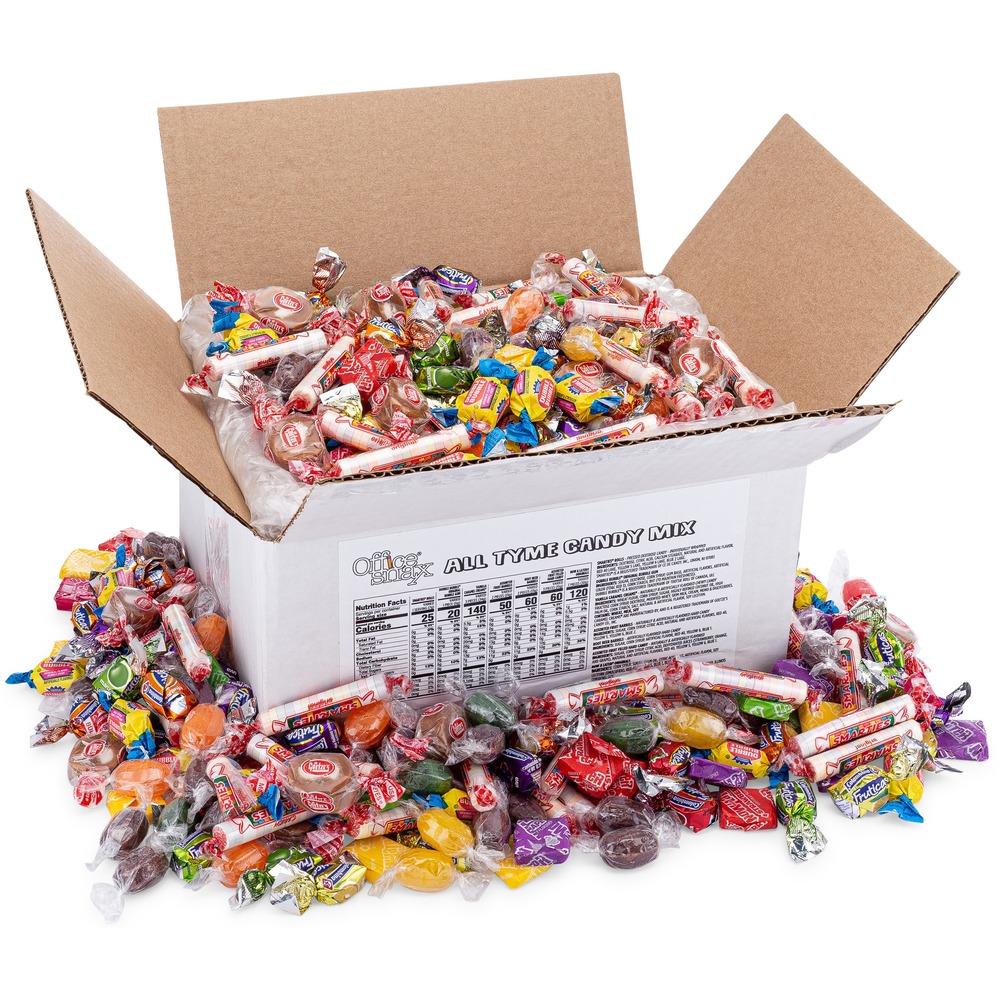 OFX00663 - Stock up with All Tyme assorted candies. Individually wrapped candies come in a resealable plastic liner to ensure freshness. Assortment of candy includes Smarties, Double Bubble, Goetze's Caramel Creams, Fruit Gems and Fruit Chews.