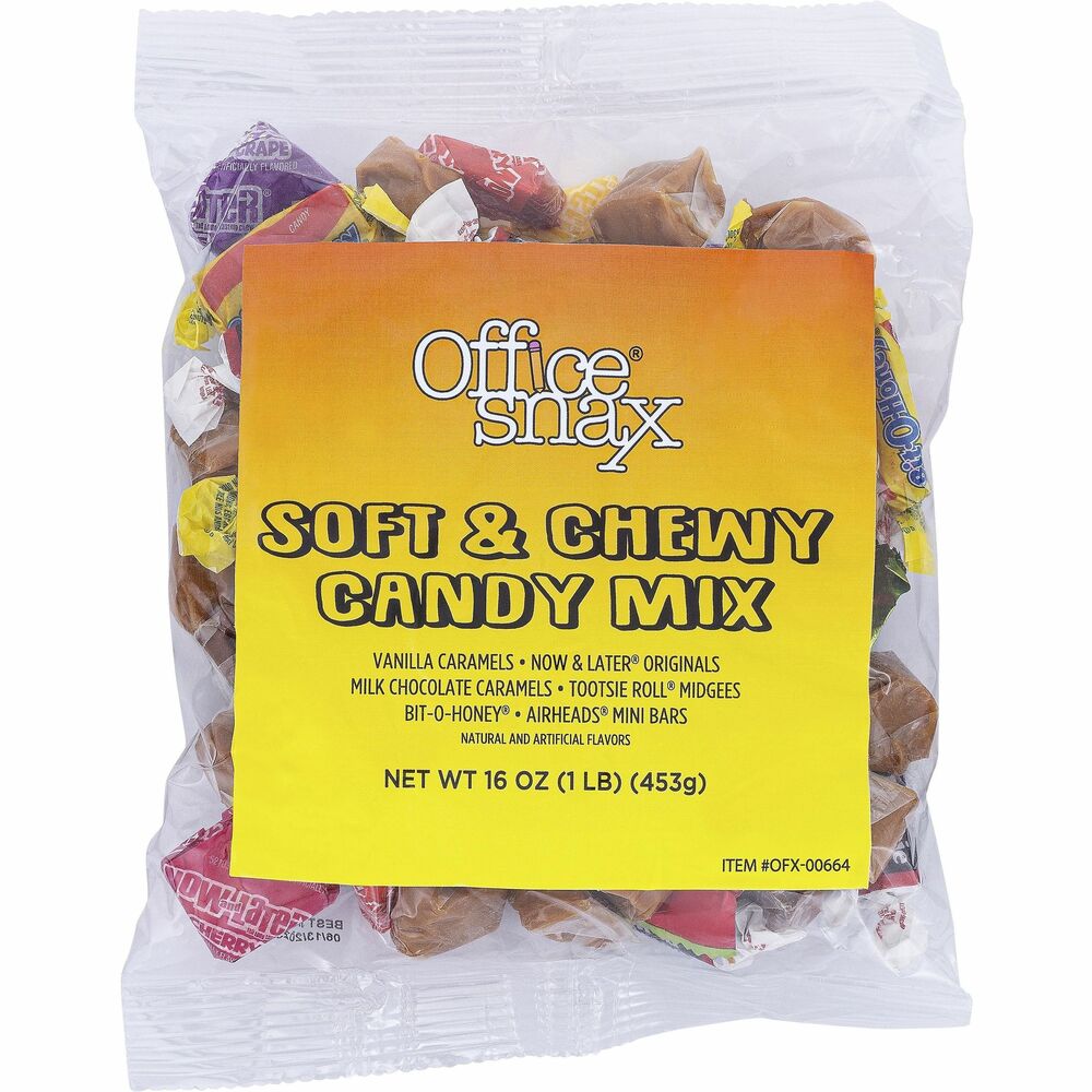 OFX00664 - Variety of candy offers a fresh treat any time of the day. Soft and Chewy Mix includes Airheads, Bit O Honey, Caramel Cubes, Chocolate Caramel Cubes, Fruit Gems and Tootsie Rolls. Individually wrapped candy is ideal for breakroom and reception areas.