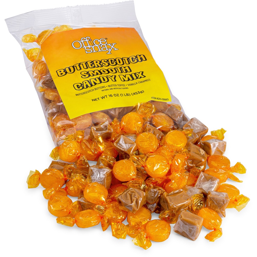 OFX00665 - Candy assortment includes butterscotch discs and caramel cubes. They are ideal for reception, breakroom or desktop. Candy is individually wrapped.