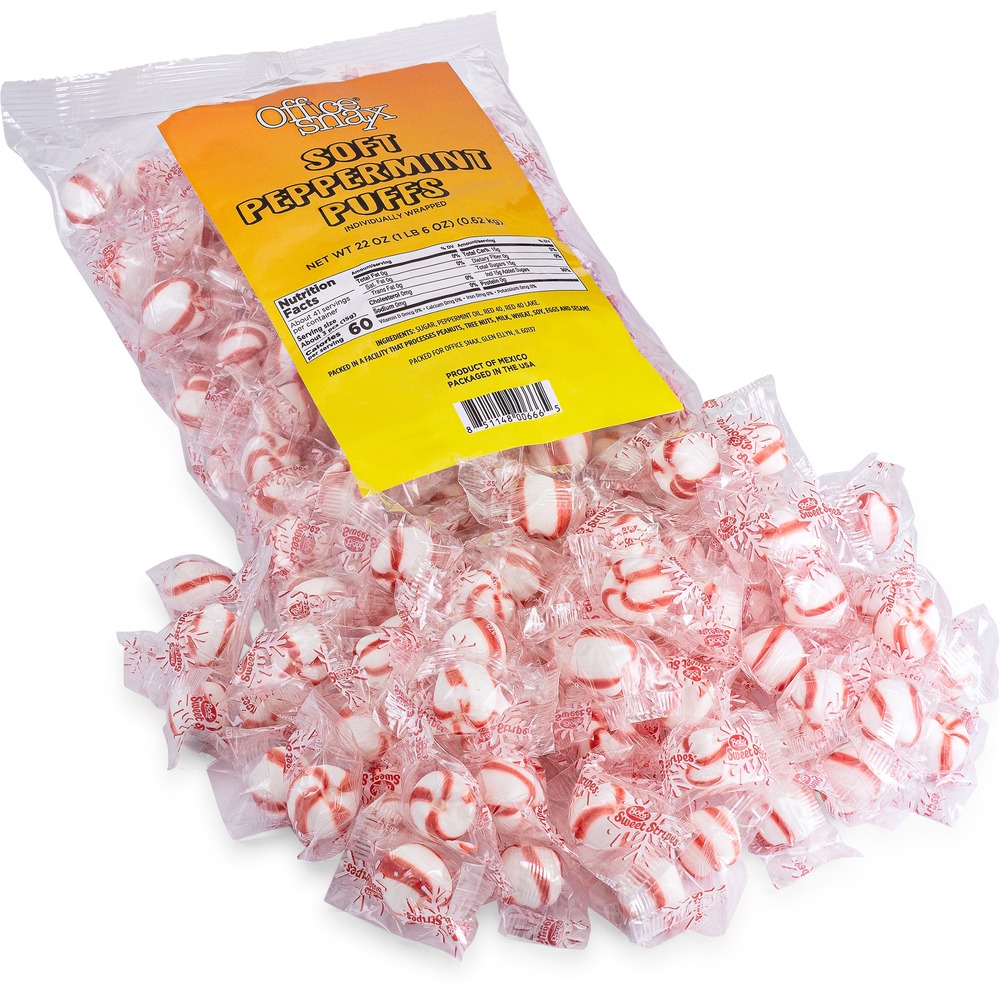 OFX00666 - Peppermint Puffs Candies melt in your mouth for a breath-freshening treat. They are ideal for reception, breakroom or desktop. Individually wrapped Peppermint Puffs are light and airy and contain 0 grams trans fat.