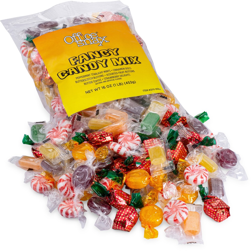 OFX00668 - Variety of colorful candy offers a fresh treat any time of the day. Fancy Mix includes butterscotch hard candies, two kinds of peppermint hard candies, strawberry-flavored hard candy with a liquid center and more. Individually wrapped candy is ideal for breakroom and reception areas.