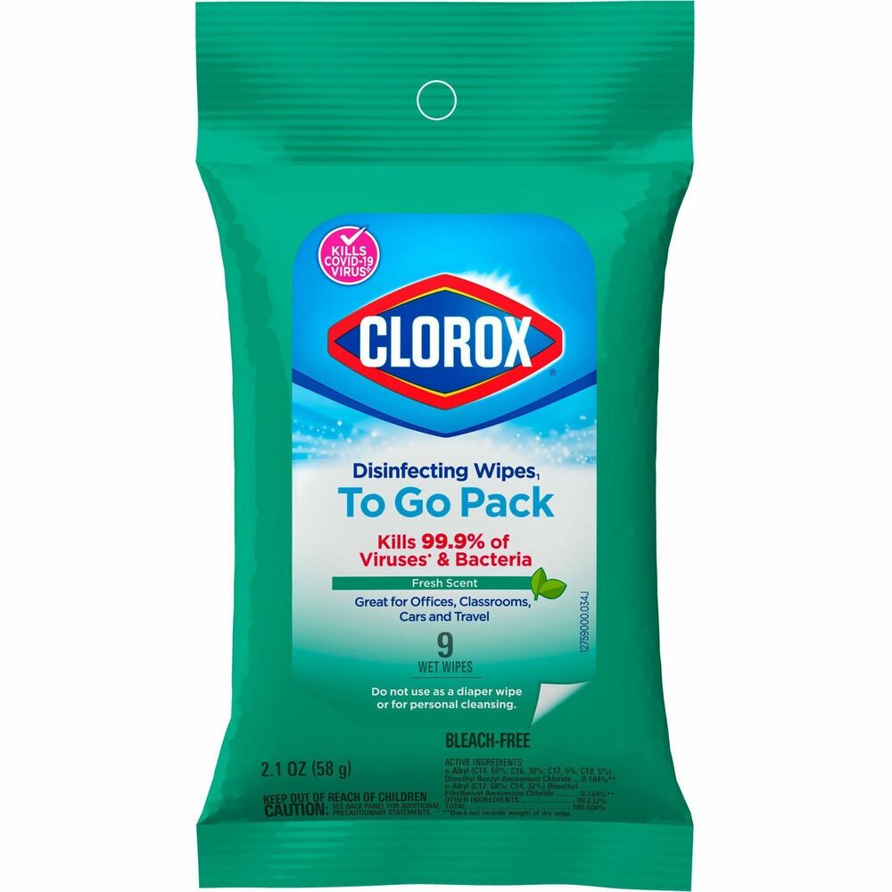 CLO60133 - Clorox Disinfecting Wipes To Go clean, disinfect, deodorize and remove allergens with five times the cleaning power and leave behind a clean scent while on-the-go. Wipes clean and disinfect with antibacterial power that kills 99.9 percent of viruses and bacteria that can live on hard, nonporous surfaces up to 48 hours, including COVID-19 Virus, staph, E. coli, MRSA, salmonella, strep and Kleb, when used as directed. These all-purpose, disposable wipes remove common allergens, germs and messes on surfaces like kitchen counters, bathroom surfaces and more and can prevent the growth of odor-causing bacteria on nonfood-contact surfaces for up to 24 hours. Wipes are safe to use on finished wood, sealed granite and stainless steel. Disinfecting wipes are also great on nonfood-contact surfaces in the home, office, classroom, pet area, dorm and locker room. Clean with bleach-free wipes to keep dirt and germs away. Allow product to air-dry on surfaces.