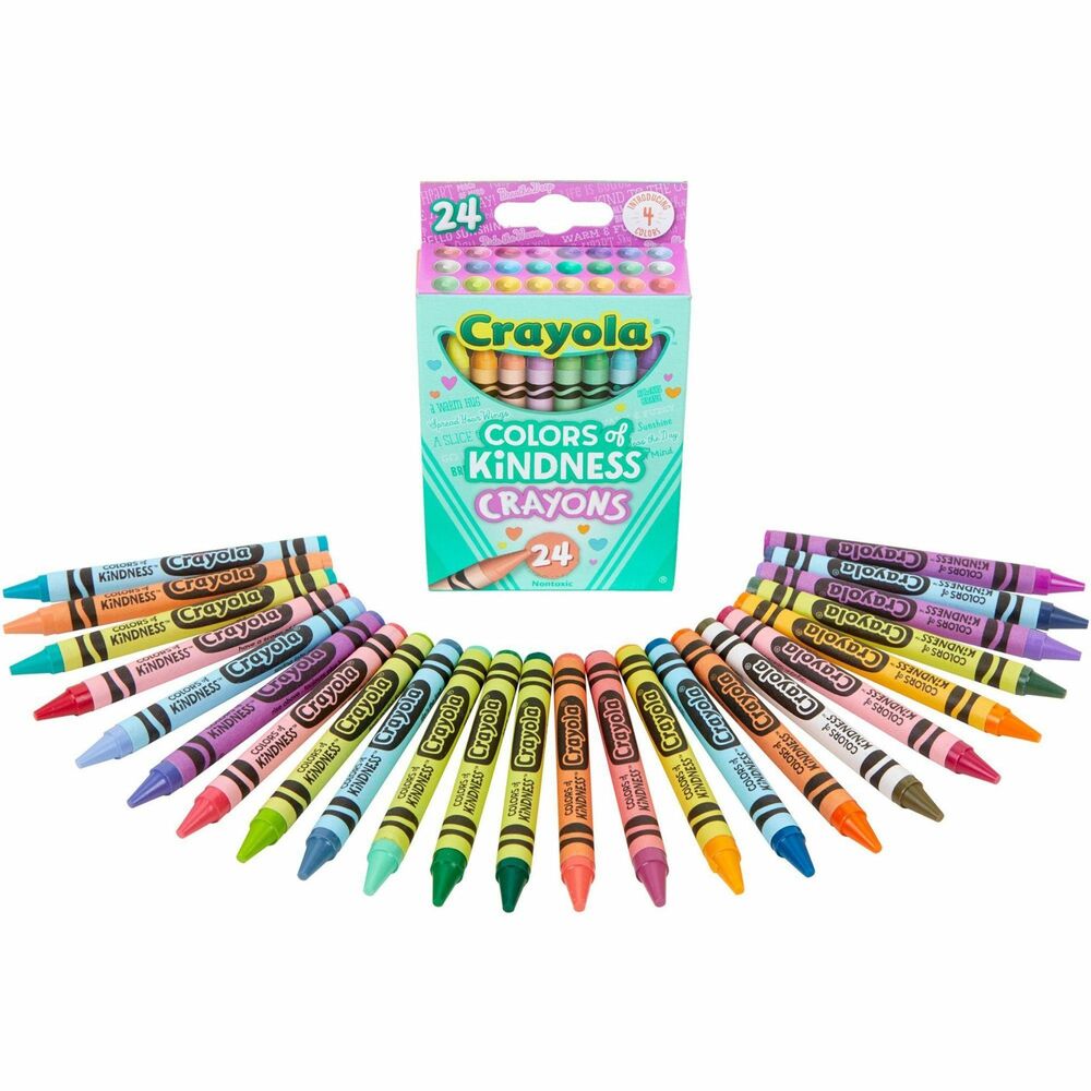 CYO520130 - Spread the love with Colors of Kindness Crayons. Packaged in an adorable, flip-top crayon box, this crayon set includes 24 Crayola Crayons with four new colors and special-edition words of kindness printed on each crayon, such as Slice of Nice (melon). Peace of Mind (Cool Mint) and Heart to Heart (mauvelous). Each one is double-wrapped for added strength and durability. Crayons are safe and nontoxic for beginner child artists and made for children ages 3 and up.