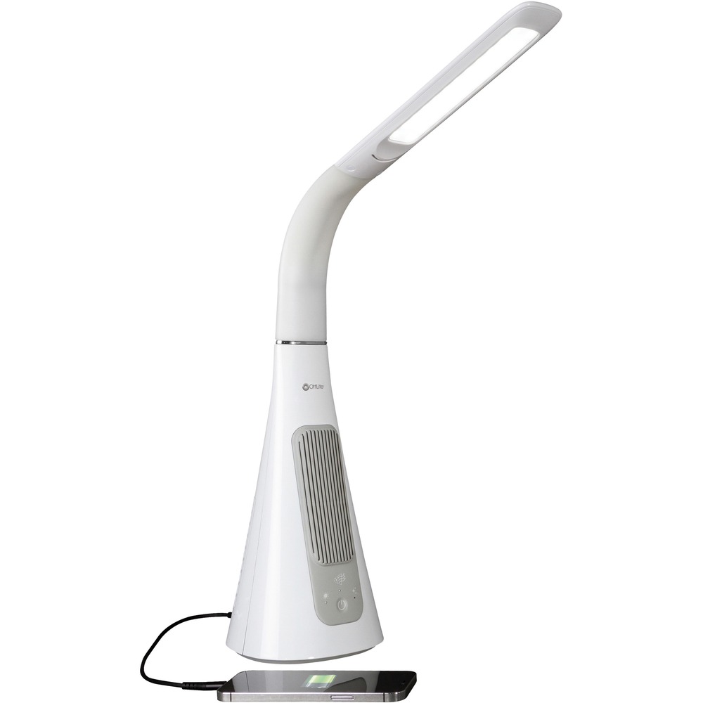 OTTSC1AP00S - SanitizingPro LED Desk Lamp with UVC Air Purifier uses three different sanitizing techniques to create a healthier space: SpectraClean LED technology to reduce bacteria on phones, keyboards and desks; UVC LEDs to minimize bacteria and viruses; and a HEPA filter to capture and trap airborne particles. Lamp head includes OttLite ClearSun LEDs to reduce glare and eyestrain up to 51 percent, creating a more comfortable, productive work space. Switch between three different modes for perfect lighting any time of day. Charge your smartphone or other devices using the USB port. Lamp is ideal for cubicles and study spaces.