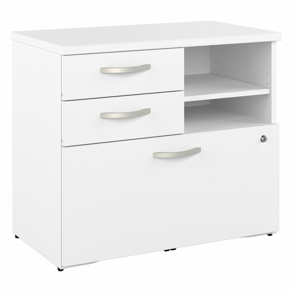 BSHHYF130WHSUZ - Hybrid Office Storage Cabinet with Drawers and Shelves offers a stylish, long-lasting workplace organization solution for the modern professional. Keep important documents, office supplies, work-in-progress and equipment in order so you can access the materials you need quickly and easily. A file drawer opens on smooth, full-extension, ball-bearing slides for an effortless reach to letter/legal/A4-size paperwork and can be locked to protect sensitive information. Two box drawers organize writing utensils, notepads and other supplies while the open shelves are ideal for frequently used items. Cabinet is thoughtfully designed for maximum stability and includes hardware to anchor the file cabinet with shelves to a wall, making it a safe choice for use in virtually any home or professional office environment.