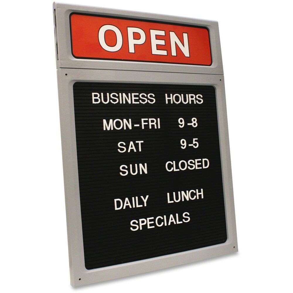 COS098221 - Message sign conveniently displays customized messages. Included molded letters and numbers are lightweight and easy to change. Included business hours insert provides a convenient way to display store hours.