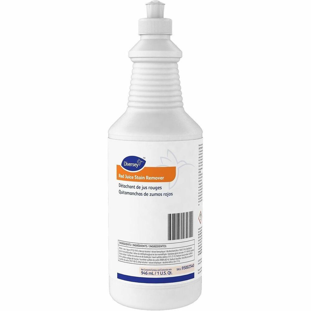 DVO95002540 - Red Juice Stain Remover effectively removes tough food-and-beverage stains from carpets. Use to clean stains from red drinks, (like wine, punch or fruit), or greasy foods, (like gravy, ice cream, mustard or chocolate). Stain remover formula is not WoolSafe.