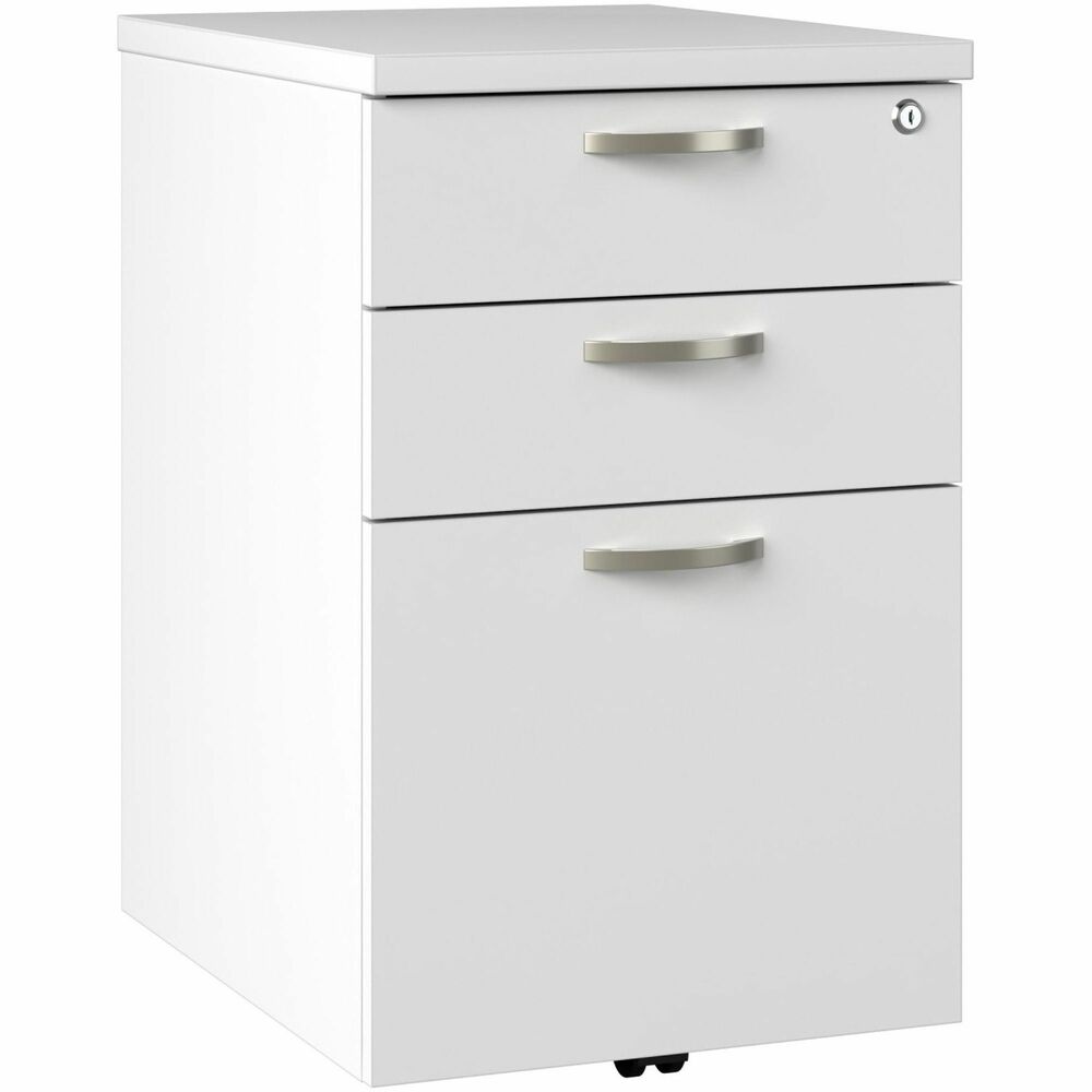 BSHEOF116WH03 - Easy Office 3 Drawer Mobile File Cabinet offers an ideal solution for adding storage to any professional workplace. With its dual-wheeled casters and finished back, the portable file cabinet provides convenient access to paperwork and supplies anywhere in your office. A single file drawer organizes letter/legal/A4-size documents while two box drawers store writing utensils, notepads and more. Drawers open on smooth full-extension, ball-bearing slides for an effortless reach to contents. Top drawer can be locked to secure valuable items. Compact design allows the small filing cabinet to fit underneath coordinating Easy Office Cubicle Desks (sold separately) for a space-saving configuration. This locking File Cabinet is tested to meet ANSI/BIFMA quality standards for safety and performance.