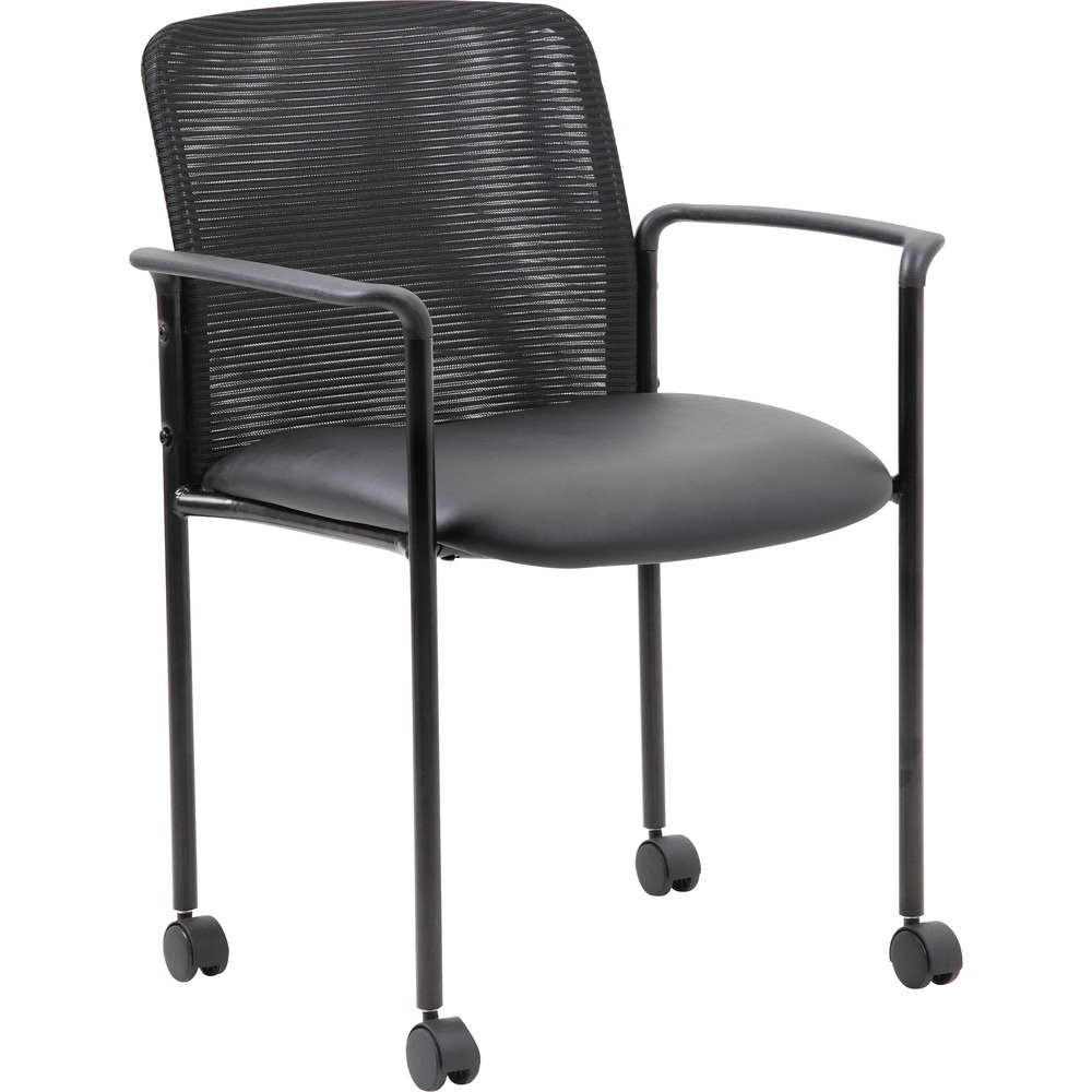 BOPB6909RCS - Stackable Guest Chair with casters is the perfect addition to any room or office. It adds a modern, professional appearance to any space. Stack up to four chairs to save storage space. Chair is set at a fixed height with fixed arms. Four hooded, dual-wheel casters enhance mobility. Breathable, mesh back maximizes airflow for comfortable, all-day sitting. Maximum weight capacity is 275 lb.