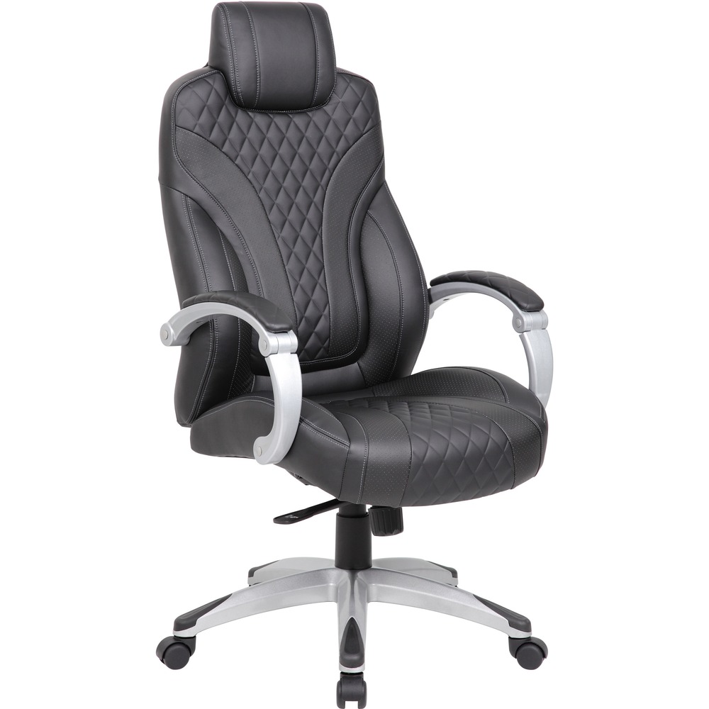 BOPB8871BK - Executive Chair with hinged arms is beautifully upholstered in Caressoft for the kind of comfort and durability required for a long day at the office. It features a designer, stitched back cushion and pivoting hinge arms that allow the seat and back to move independently in tandem with the two-to-one synchro-tilt mechanism and adjustable tilt tension control. Seat tilt locks in any position within the tilt range for a truly personalized seating experience.