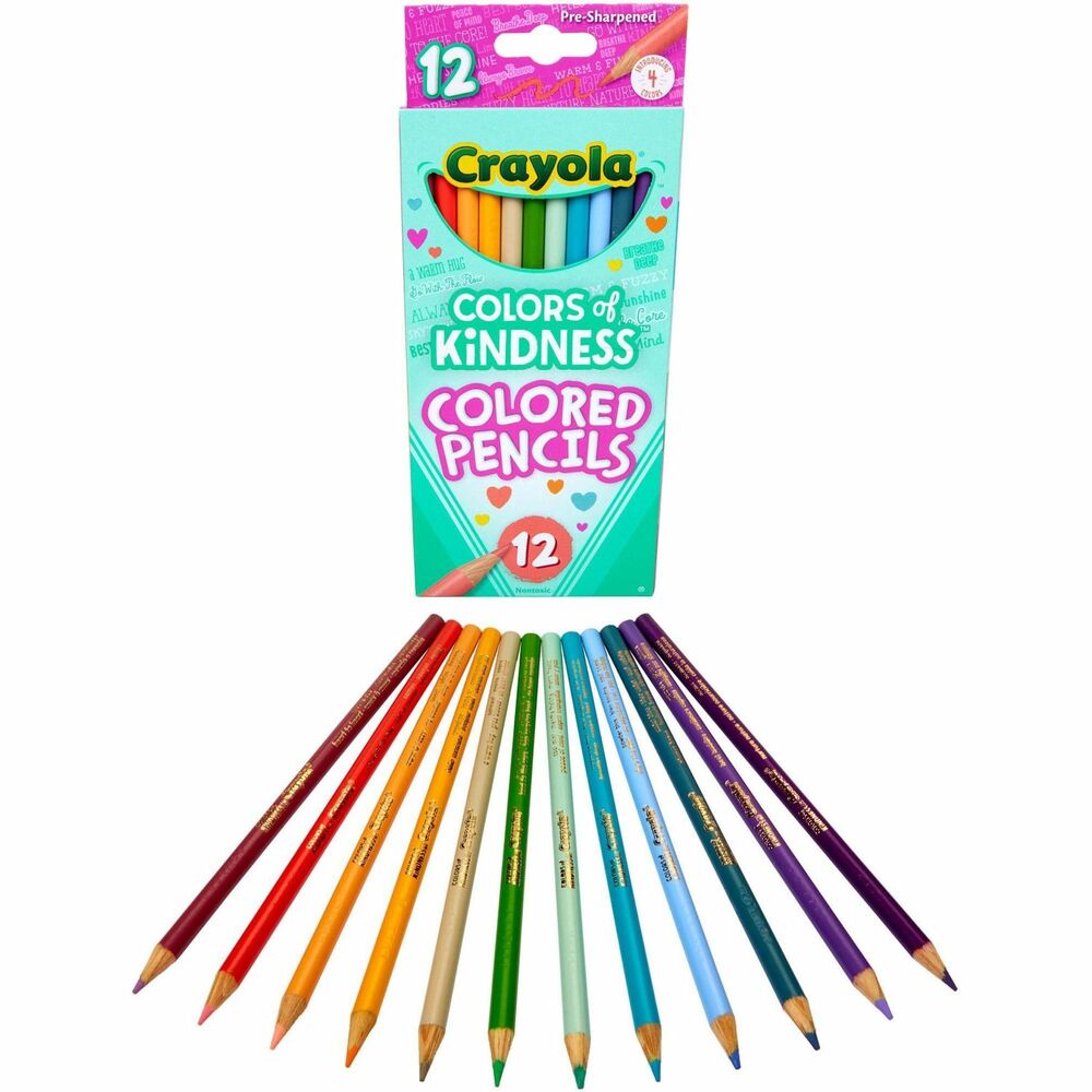 CYO682114 - Spread the love with Colors of Kindness Pencils. Packaged in an adorable, flip-top box, this colored pencil set includes 12 Crayola Pencils with special-edition words of kindness printed on each pencil. Perfect for crafting and art projects, these art supplies are extra colorful and made to last. Pencils are safe and nontoxic for beginner child artists and made for children ages 5 and up.