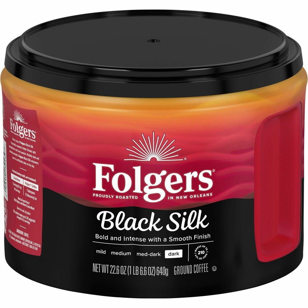 FOL30439 - Folgers Black Silk ground coffee packs irresistible taste in every cup. From the very first sip of this velvety smooth dark roast coffee, you're greeted by a blend of bold and full-bodied flavors. It's not just quality coffee you're tasting; it's the exceptional craft and passion behind every batch, proudly roasted in New Orleans by Folgers' talented team. Ground coffee is ready to prep with any method you throw at it from French press to automatic drip. Enjoy it for yourself. This roast tastes and feels as luxurious as it sounds.