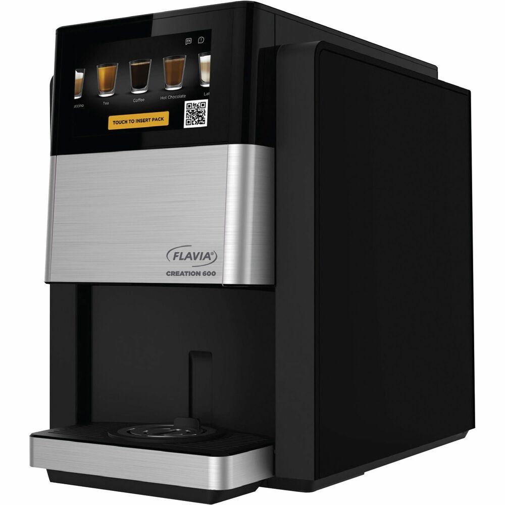 LAV18000565 - Flavia Creation C600 Commercial-grade Brewer satisfies your entire office with 14 types of hot and cold beverages, including coffees, teas, lattes, infused waters and more when paired with the Flavia Chill module. It comes with patented, in-cup frothing with milk and nondairy alternatives. Pure Taste guarantee means this brewer is designed for no taste or allergen transfer between drinks. Pack-to-cup brewing process ensures nothing touches the ingredients other than hot water, ensuring your drink does not taste like previous brews. Smart online brewer technology makes managing office beverages a breeze through Flavia IQ. Brewer can be plumbed-in or used as a pourover unit when paired with Flavia Refill. The 7" high-resolution touch screen is easy to use with interactive content. Drink volume per cup comes in the following sizes: small (5.4 oz./160 ml.); regular (7 oz./205 ml.); large (8.3 oz/245ml.) and over ice (3 oz./90 ml.). C600 machine volume capacity is 10 drinks.