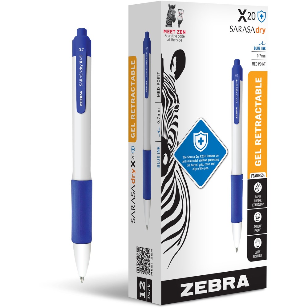 ZEB41620 - Zebra Pen SARASA dry X20+Retractable Gel Pen gives you the smoothness of a gel ink pen without the worries of smudges and smears. Rapid Dry Ink (RDI) Technology has been tested by a third party lab to have equal or faster dry time to industry leaders on nine common writing surfaces, making it the ultimate quick dry pen for the left handed. With its vibrant color, the 0.7mm medium point is perfect for everyday writing, document signatures and creative expression. This 12 pack of blue ink pens are designed for industry, healthcare and classrooms. Special resin additive offers protection on the barrel, cone, pocket clip, and soft latex grip. Clip, plunge and grip match the ink. Complete documents, take notes and finish correspondence with a trusted, continually reliable writing experience. Clean and stylish, this trusted pen is suitable for boardrooms, courtrooms, classrooms, medical settings, offices and job sites. Enjoy the precision of a gel ink pen in your home and office writing without any of the drawbacks.0.7mm medium point, rapid dry blue gel ink dries quickly, eliminating smudges and smearing as you quickly take notes or hammer out ideasRapid Dry Ink (RDI) Technology dries in less than a second on most surfaces, making this the ultimate quick dry pen for the left handedPlastic barrel has a special resin additive for protection and cleaning ease, plus soft latex grip assists you in guiding the ink flowConvenient clip makes this pen a fantastic grab and go option, attaching to your notebook, pocket, collar or briefcase pocketRebate: $15 Gift Card w $50 Zebra Pen Purchase View Rebate Details