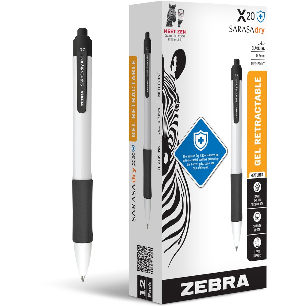 ZEB41610 - Zebra Pen SARASA dry X20+Retractable Gel Pen gives you the smoothness of a gel ink pen without the worries of smudges and smears. Rapid Dry Ink (RDI) Technology has been tested by a third party lab to have equal or faster dry time to industry leaders on nine common writing surfaces, making it the ultimate quick dry pen for the left handed. With its vibrant color, the 0.7mm medium point is perfect for everyday writing, document signatures and creative expression. This 12 pack of blue ink pens are designed for industry, healthcare and classrooms. Special resin additive offers protection on the barrel, cone, pocket clip, and soft latex grip. Clip, plunge and grip match the ink. Complete documents, take notes and finish correspondence with a trusted, continually reliable writing experience. Clean and stylish, this trusted pen is suitable for boardrooms, courtrooms, classrooms, medical settings, offices and job sites. Enjoy the precision of a gel ink pen in your home and office writing without any of the drawbacks.0.7mm medium point, rapid dry blue gel ink dries quickly, eliminating smudges and smearing as you quickly take notes or hammer out ideasRapid Dry Ink (RDI) Technology dries in less than a second on most surfaces, making this the ultimate quick dry pen for the left handedPlastic barrel has a special resin additive for protection and cleaning ease, plus soft latex grip assists you in guiding the ink flowConvenient clip makes this pen a fantastic grab and go option, attaching to your notebook, pocket, collar or briefcase pocketRebate: $15 Gift Card w $50 Zebra Pen Purchase View Rebate Details