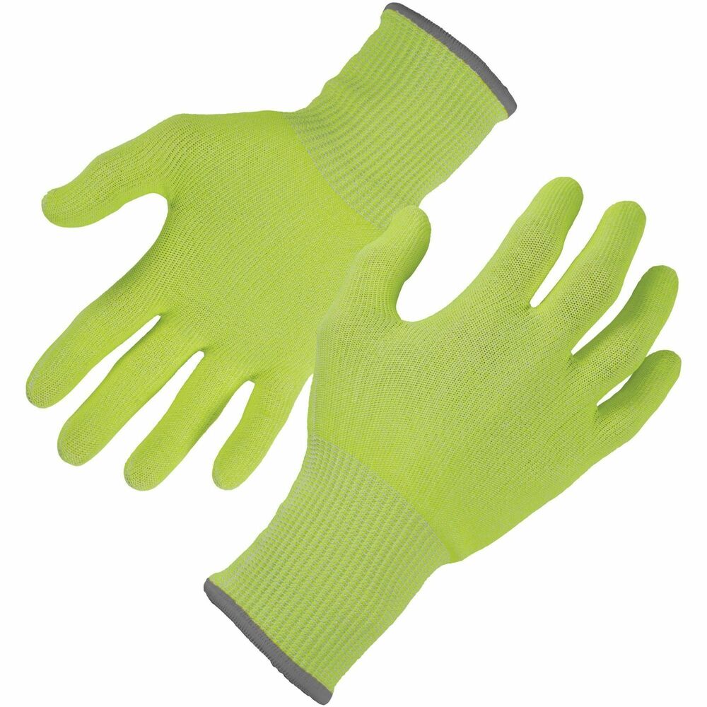 EGO18013 - ProFlex 7040 Cut-Resistant Food-Grade Gloves are tested as ANSI/ISEA 105/2016 level A4 and EN 388 level 5 cut-resistant. Breathable, TenaLux yarn for maximum comfort does not compromise protection. TenaLux yarn is constructed of HPPE fibers to achieve a high level of cut-resistance without glass or steel. Cut-proof gloves are tested and approved to FDA CFR 175.300 for total extractive residues, certifying they will not contaminate food at any process point, including prepping, packaging and transporting. Lightweight knit with 360-degree breathability and a cool-to-the-touch feel prevents sweaty hands and overheating. Seamless knit cuff fits snug and comfortable, keeping dirt and debris out. High-visibility color enhances visibility for safety when working with knives and sharp objects. Food-prep gloves are effective for those working in industrial kitchen settings or anyone working in material handling where contamination is a risk.