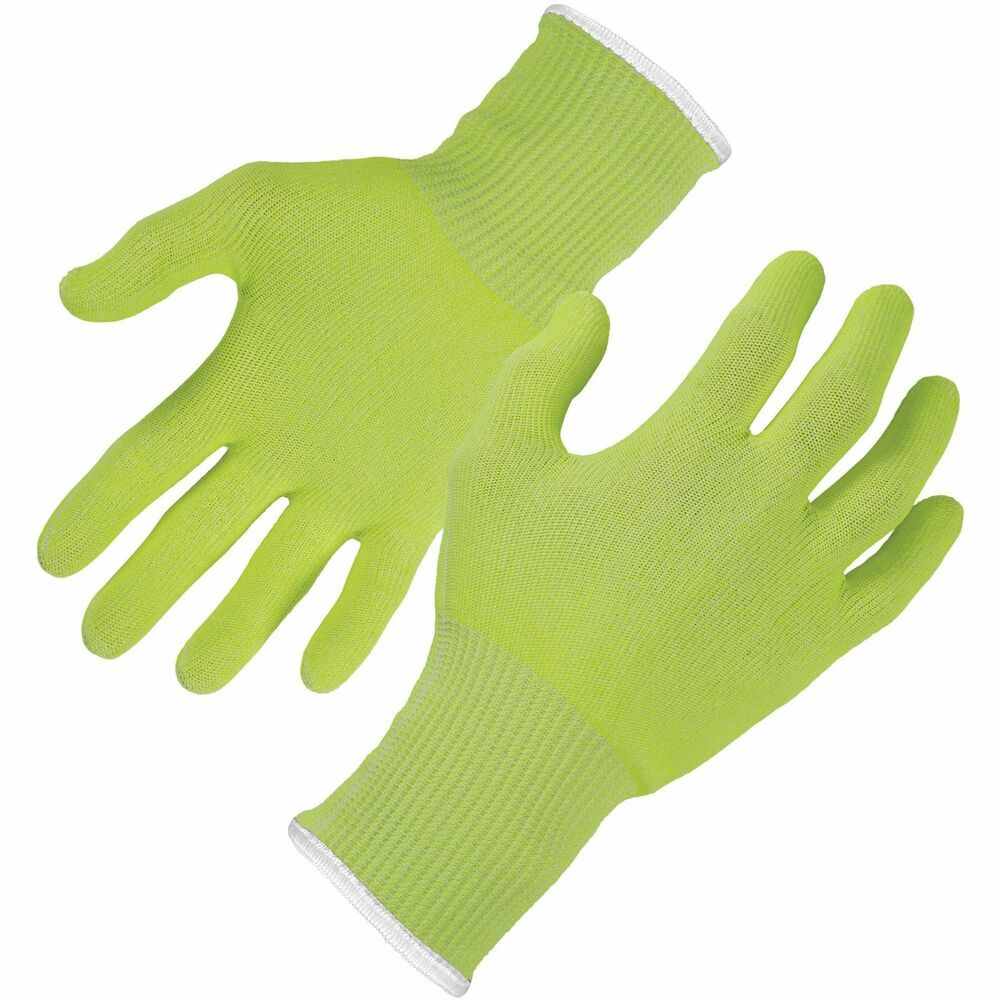 EGO18016 - ProFlex 7040 Cut-Resistant Food-Grade Gloves are tested as ANSI/ISEA 105/2016 level A4 and EN 388 level 5 cut-resistant. Breathable, TenaLux yarn for maximum comfort does not compromise protection. TenaLux yarn is constructed of HPPE fibers to achieve a high level of cut-resistance without glass or steel. Cut-proof gloves are tested and approved to FDA CFR 175.300 for total extractive residues, certifying they will not contaminate food at any process point, including prepping, packaging and transporting. Lightweight knit with 360-degree breathability and a cool-to-the-touch feel prevents sweaty hands and overheating. Seamless knit cuff fits snug and comfortable, keeping dirt and debris out. High-visibility color enhances visibility for safety when working with knives and sharp objects. Food-prep gloves are effective for those working in industrial kitchen settings or anyone working in material handling where contamination is a risk.