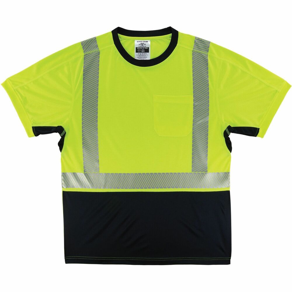 EGO23505 - GloWear 8283BK Lightweight Performance Hi-Vis T-Shirt is a Type R Class 2 shirt designed for enhanced visibility and breathable comfort in the heat. With an extra-soft, jersey-like feel, this 100 percent polyester fabric is Ergodyne's lightest weight, ANSI/ISEA 107-2020 compliant fabric. Reflective safety shirt features a moisture-wicking treatment and underarm vents to keep wearers cool and dry. It is rated to 30+ UPF for protection against the sun's harmful UV rays. Black panel across the bottom hides dirt, grit and dust to keep the shirt looking cleaner longer. Black vented underarm panels hide sweat and improve breathability. 2" reflective tape provides enhanced visibility at night or in low-light conditions. Unlike solid reflective tape, the flexibility of segmented tape allows reflective clothing to feel more comfortable, lightweight and breathable. Machine-washable shirt also features a chest pocket. It fits chests up to 52" in diameter. Center back is 31" long.