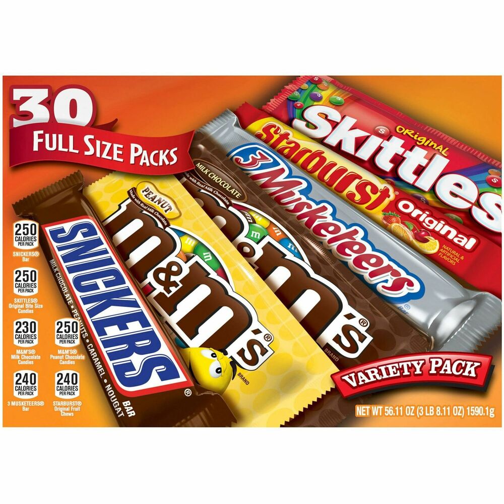 MRS22000084 - Chocolate and Candy Full-Size Variety Pack should be your only stop to getting deliciously sweet chocolate and candy treats. Bag contains full-size Snickers, M&M's Peanuts, M&M's Milk Chocolate, 3 Musketeers, Starburst and Skittles. You'll have more than enough to share with the whole office. Variety pack is also great for refilling the office vending machine or stocking the breakroom for an afternoon pick-me-up. Sink your teeth into the silky chocolate or chewy candy flavors.