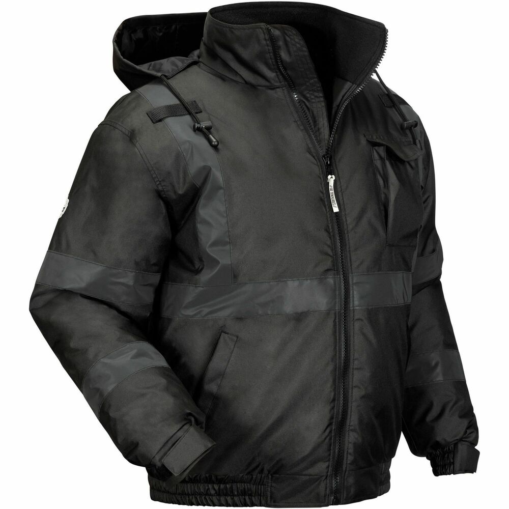 EGO25644 - 8377EV Enhanced Visibility Reflective Winter Bomber Jacket is designed with a polyester outer shell and PU coating for water-resistant and wind-resistant protection from the elements. 160g thermal, quilted insulation allows comfortable, no-bulk warmth. Unique, 2" black reflective tape set on black fabric maintains a low-profile look in the daytime while enhancing visibility at night or in low-light conditions. Adjustable inset hood features drawstrings and stoppers for a custom fit. Hood can easily be zipped in or out depending on weather conditions or personal preference. Adjustable, hook-and-loop cuffs seal out cold and allow comfortable wear with gloves. Full-front zipper provides quick on/off access. Enjoy convenient access and storage for items with two lower front pockets; one upper chest cell-phone pocket; one dual-slot pen pocket; and two mic tabs. Thermal jacket is ideal for those looking for enhanced visibility without ANSI 107 compliance.