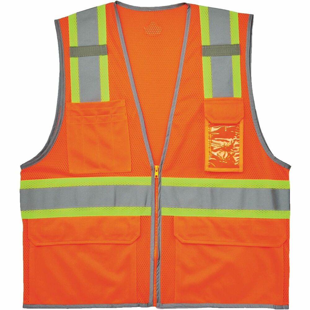 EGO24579 - 8246Z Two-Tone High-Visibility Safety Vest is Type R, Class 2 compliant and meets ANSI/ISEA 107-2015 visibility requirements. 2" reflective tape on 3-1/2" contrasting mesh and reflective piping enhance visibility in low-light conditions. Lightweight, polyester mesh (3.3 oz.) features a zipper closure for easy on/off access. Two interior and four exterior pockets maximize storage to keep essential items within reach. ID badge holder is clear for effortless readability and access. Dual mic tabs let you conveniently use your radio. Machine-washable safety vest is ideal for anyone requiring Type R, Class 2 apparel including road construction, baggage handling and municipalities. Single size allows a more tailored, performance-style fit.