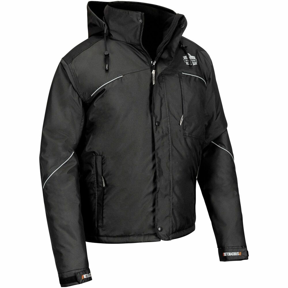 EGO41128 - N-Ferno 6467 Winter Work Jacket provides thermal insulation and quilted sleeves for those who work in cold environments where high visibility is not required. The 300D polyester oxford with breathable water-repellent coating protects from the elements. Removable hood can easily be snapped on or off depending on weather conditions or personal preference. For a snug, custom fit that keeps cold air out, jacket features adjustable hook-and-loop cuffs, drawstring hood, drawstring waist and a long tail that won't ride up. Adjustable cuffs plus heavy-duty zippered closure allow easy on/off with gloves. Exterior chest pocket and interior pocket both fit larger smartphones. Two lower-front pockets provide convenient storage. For enhanced low-light visibility, reflective accents keep workers safe and seen. Jacket with 31" long sleeves and 34" long center back fits chests up to 63" in diameter.