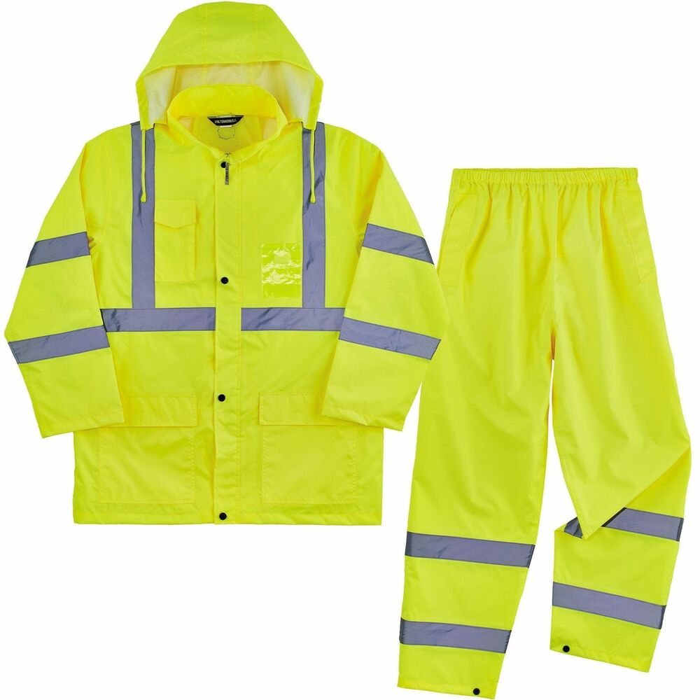 EGO25433 - GloWear 8376K Lightweight Hi-Vis Rain Suit Kit includes the 8366 Rain Jacket and 8916 Rain Pants for protection in wet conditions while maintaining high visibility at night or in low-light conditions. Machine-washable set is compliant with ANSI/ISEA 107-2015 Type R, Class 3 with 2" reflective tape for enhanced low-light visibility. Storm flap and snap buttons prevent water from leaking through zipper closure. Fully waterproof jacket and pants are made of rugged, 150D polyester oxford with a polyurethane coating and fully taped seams to keep workers dry. Rain suit easily fits over workwear without sacrificing mobility. Elastic waistband and snap cuffs on the pants allow easy on/off over boots. Vented cape-back on the jacket allows heat and moisture to escape for added breathability. Stow away attached drawstring hood when not needed. Jacket with 24-1/2" long sleeves and 33-1/2" center back fits chests up to 51" in diameter. Pant waist is 30-1/2". Pant inseam is 30-1/4".