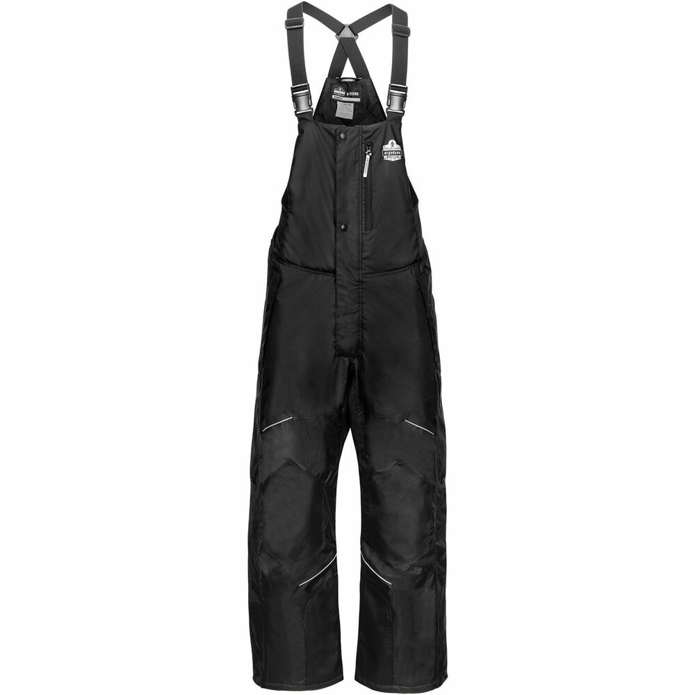 EGO41226 - N-Ferno 6472 Insulated Bib Overalls are designed to wear over work pants for warmth and durability in cold environments. 300D polyester oxford with breathable, water-repellent coating protects against the elements. Thermal insulation and quilted lining keep workers comfortably warm. Black winter work bib hides dirt and features reinforced knee patches for long-lasting wear. Heavy-duty zipper closure, comfortable elastic-stretch sides and full-length zippered pant legs allow easy on/off without removing boots. Adjustable, nonslip elastic straps provide the perfect fit. One chest pocket and two side pockets provide convenient storage. Reflective accents keep workers safe and seen. Machine-washable overalls are ideal for those working in cold environments where high visibility is not required, including refrigeration, transportation, airlines and agriculture. They are also great for outdoor recreational activities such as snowmobiling and hiking.