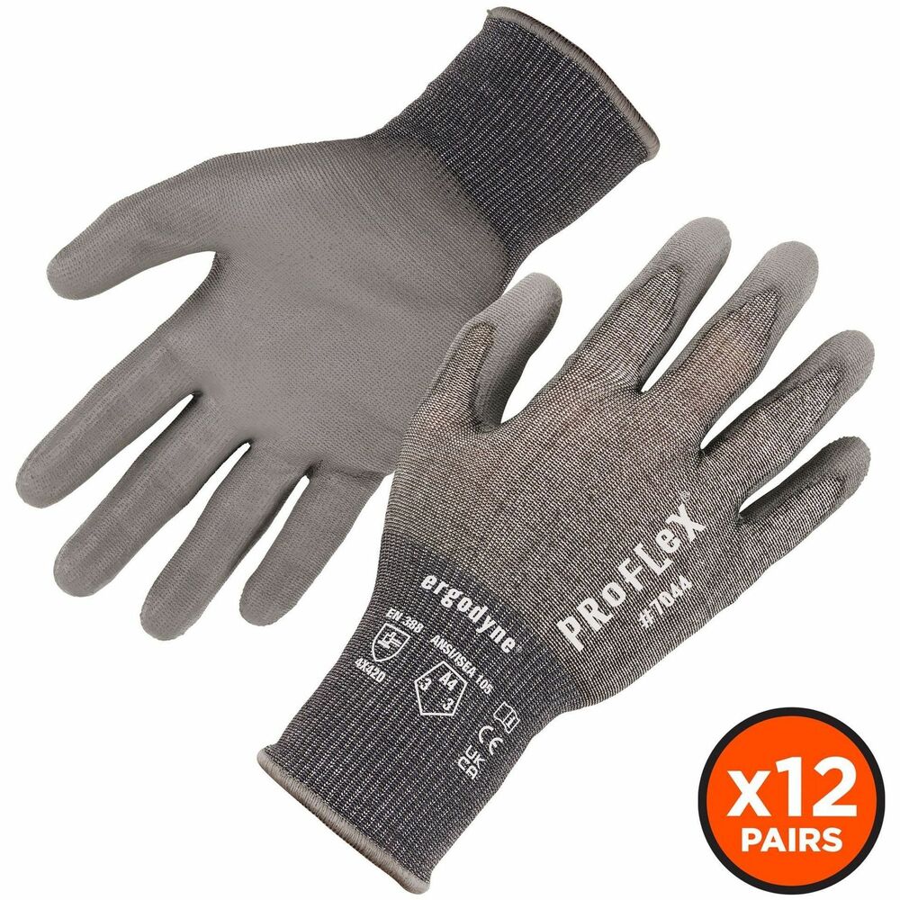 EGO10485 - ProFlex 7044 PU-Coated Cut-Resistant Gloves feature polyurethane-coated palms for excellent grip and dexterity. ANSI/ISEA 105-2016 level A4 cut protection provides safety around sharp materials. 18-gauge, HPPE, polyester knit protects hands while maintaining a soft, lightweight, flexible fit. Snug knit cuffs are longer to enhance fit and extend protection, keeping dirt and debris out. Safety gloves are tested to ANSI/ISEA level 3 abrasion-resistance for safety around rough materials. Touch screen-capable fingertips make it easy to type on smartphones and tablets without removing gloves. Utility gloves are ideal for construction, assembly, manufacturing, automotive and more.